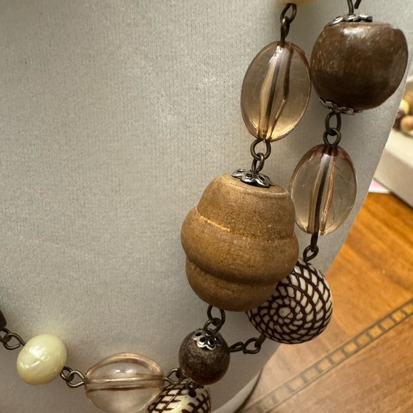 Wood Bead Layered Necklace - Brown Cream - Picture 2 of 3
